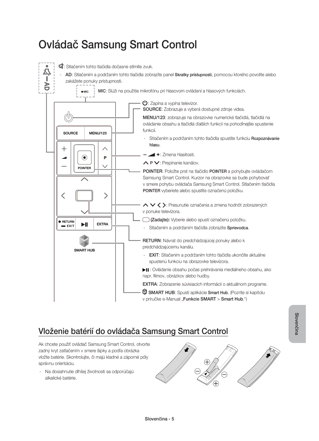 Samsung UE55JU6650SXXH, UE48JU6640SXXH Ovládač Samsung Smart Control, Vloženie batérií do ovládača Samsung Smart Control 