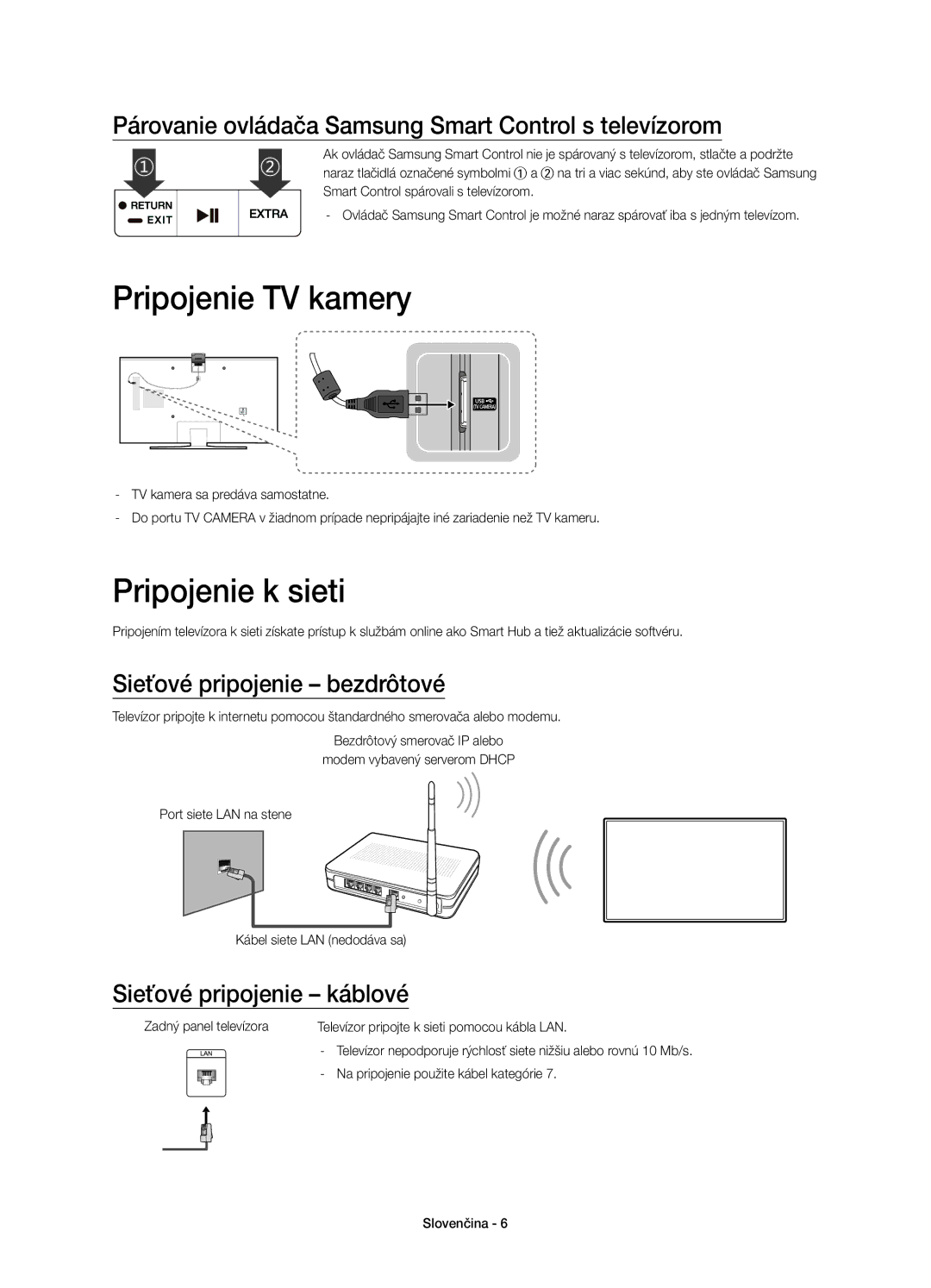 Samsung UE55JU6640SXXH Pripojenie TV kamery, Pripojenie k sieti, Párovanie ovládača Samsung Smart Control s televízorom 