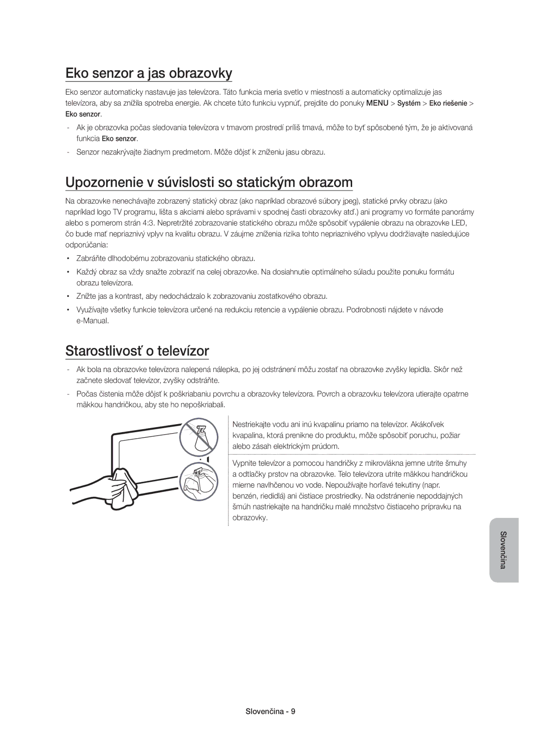 Samsung UE55JU6650SXXN, UE48JU6640SXXH manual Eko senzor a jas obrazovky, Upozornenie v súvislosti so statickým obrazom 