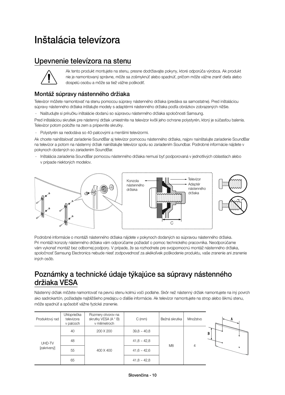 Samsung UE48JU6650SXXN manual Inštalácia televízora, Upevnenie televízora na stenu, Montáž súpravy nástenného držiaka 