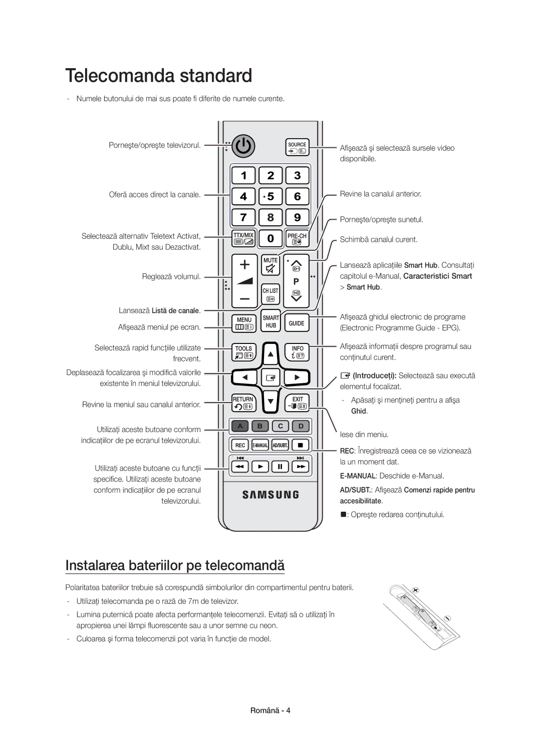 Samsung UE40JU6740SXXN, UE48JU6640SXXH, UE55JU6740SXXH manual Telecomanda standard, Instalarea bateriilor pe telecomandă 