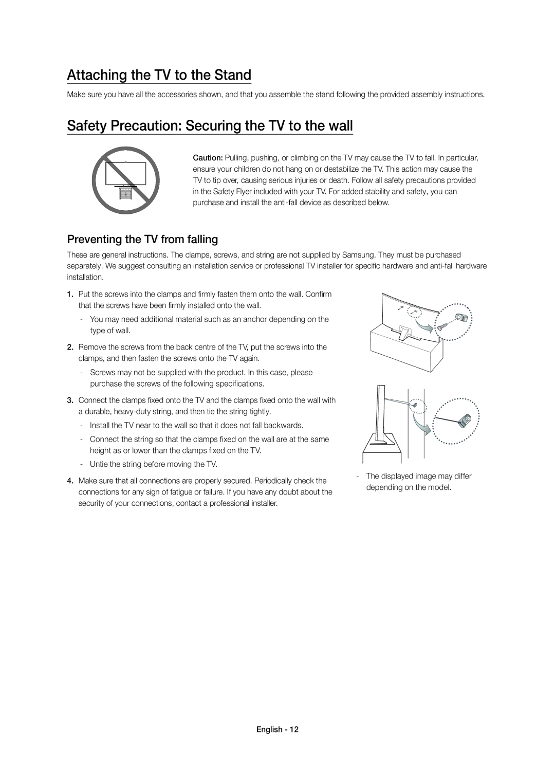 Samsung UE55JU6672UXXH, UE48JU6640SXXH manual Attaching the TV to the Stand, Safety Precaution Securing the TV to the wall 