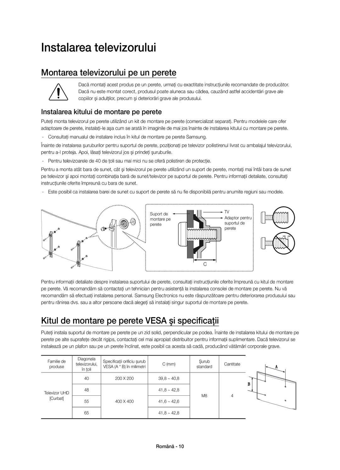 Samsung UE55JU6652UXXH, UE48JU6640SXXH, UE55JU6740SXXH manual Instalarea televizorului, Montarea televizorului pe un perete 