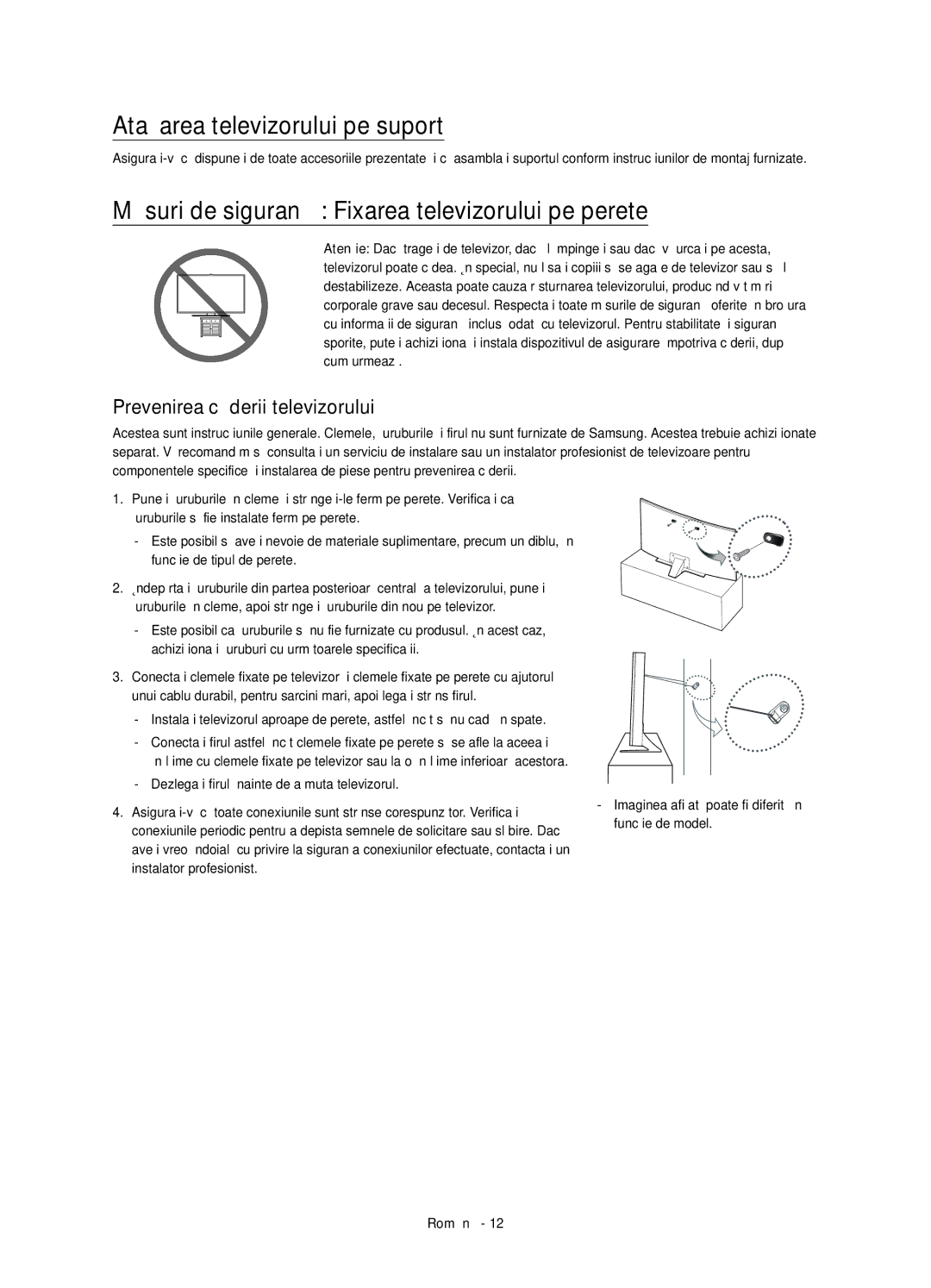 Samsung UE55JU6740SXXN manual Ataşarea televizorului pe suport, Măsuri de siguranţă Fixarea televizorului pe perete 