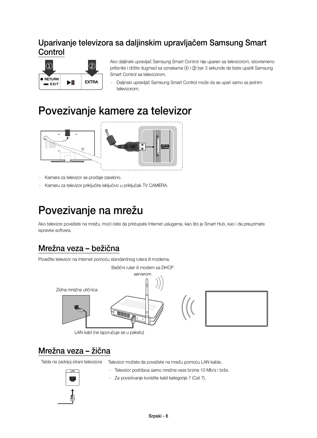 Samsung UE48JU6640SXXH manual Povezivanje kamere za televizor, Povezivanje na mrežu, Mrežna veza bežična, Mrežna veza žična 