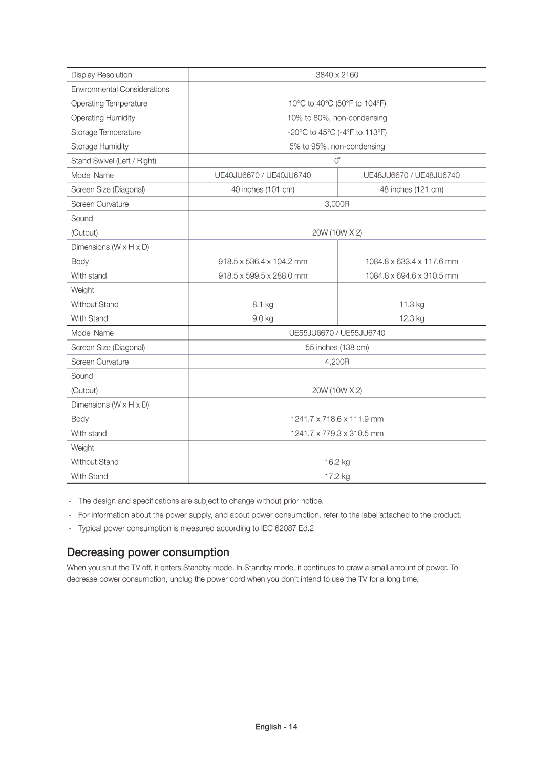 Samsung UE48JU6672UXXH, UE48JU6640SXXH, UE55JU6740SXXH, UE55JU6670SXXH, UE48JU6670SXXH manual Decreasing power consumption 