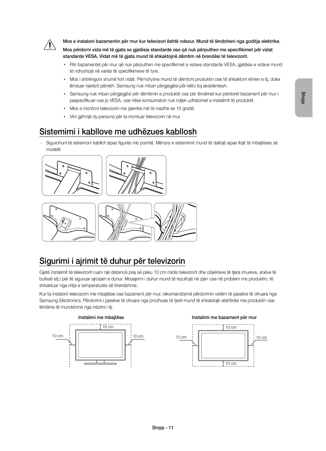 Samsung UE40JU6740SXXH manual Sistemimi i kabllove me udhëzues kabllosh, Sigurimi i ajrimit të duhur për televizorin 