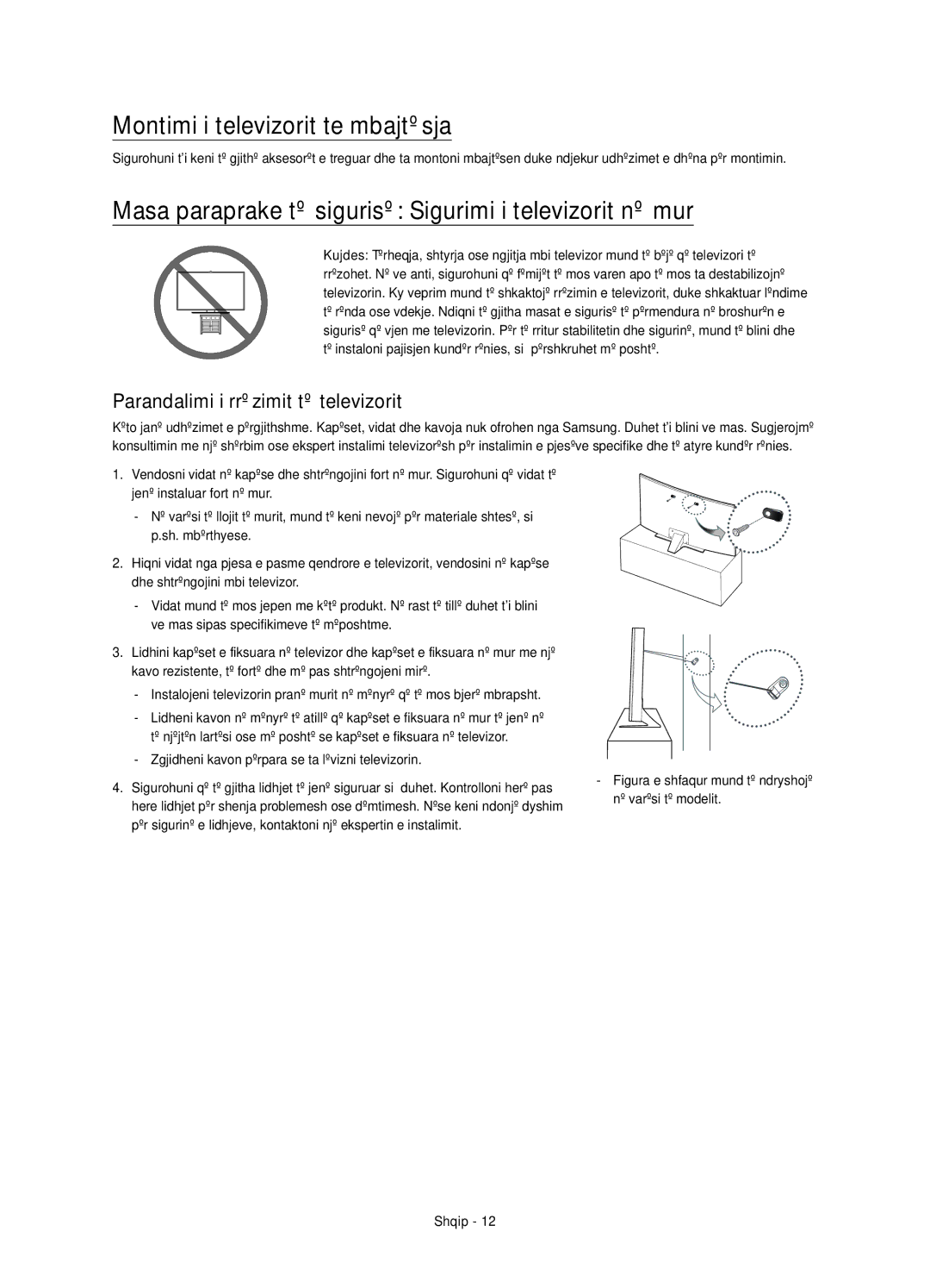 Samsung UE40JU6650SXXN manual Montimi i televizorit te mbajtësja, Masa paraprake të sigurisë Sigurimi i televizorit në mur 