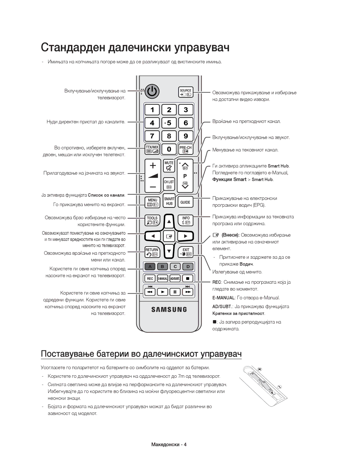 Samsung UE48JU6652UXXH, UE48JU6640SXXH manual Стандарден далечински управувач, Поставување батерии во далечинскиот управувач 