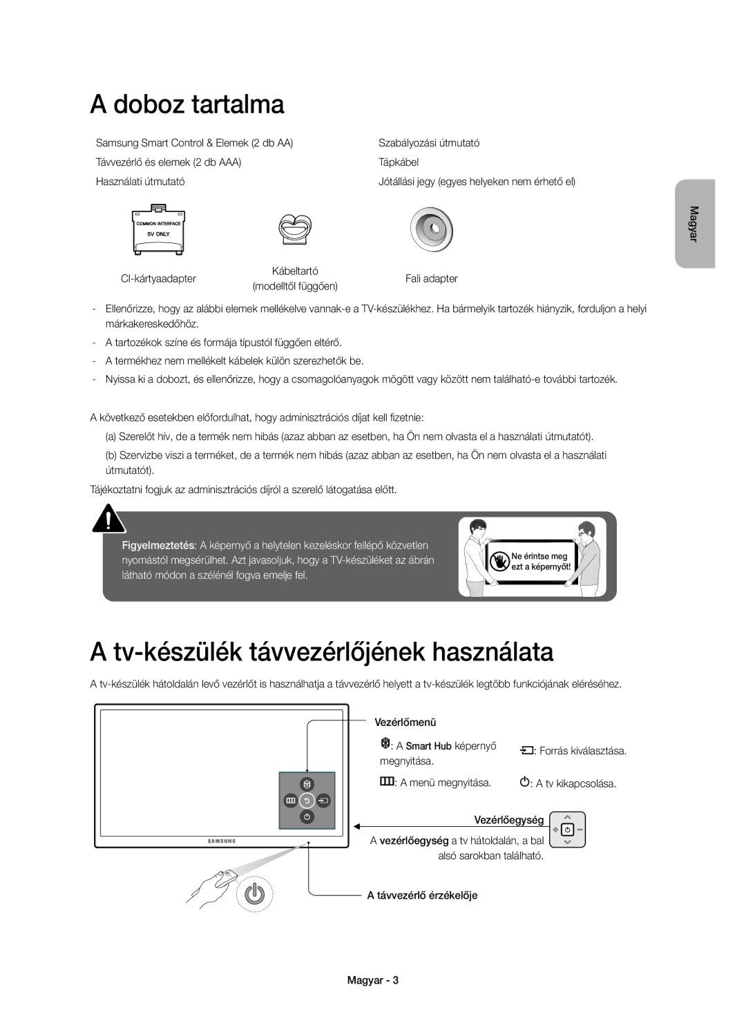 Samsung UE40JU6740SXXN, UE48JU6640SXXH, UE55JU6740SXXH manual Doboz tartalma, Tv-készülék távvezérlőjének használata 