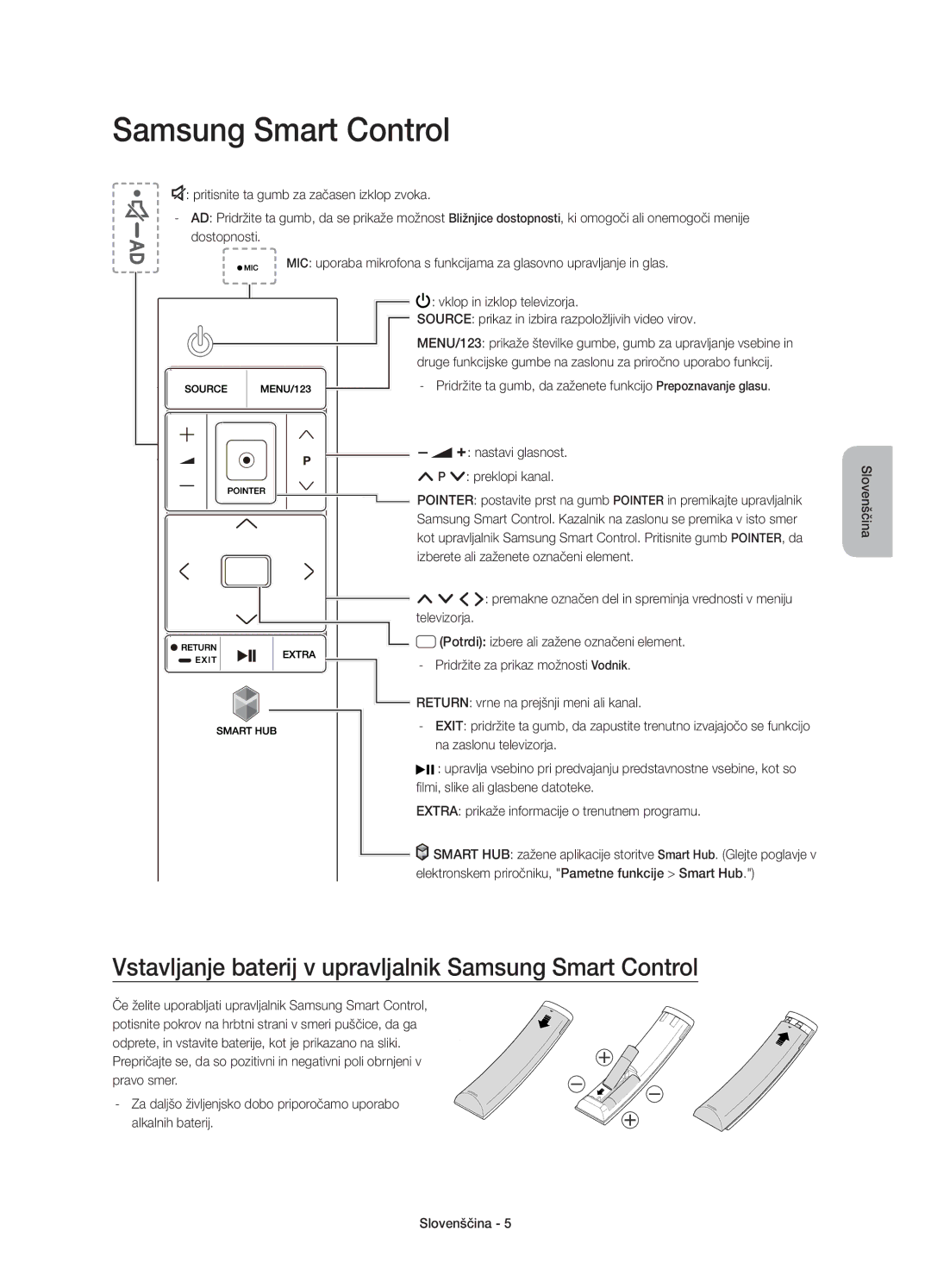 Samsung UE55JU6650SXXN, UE48JU6640SXXH, UE55JU6740SXXH manual Vstavljanje baterij v upravljalnik Samsung Smart Control 