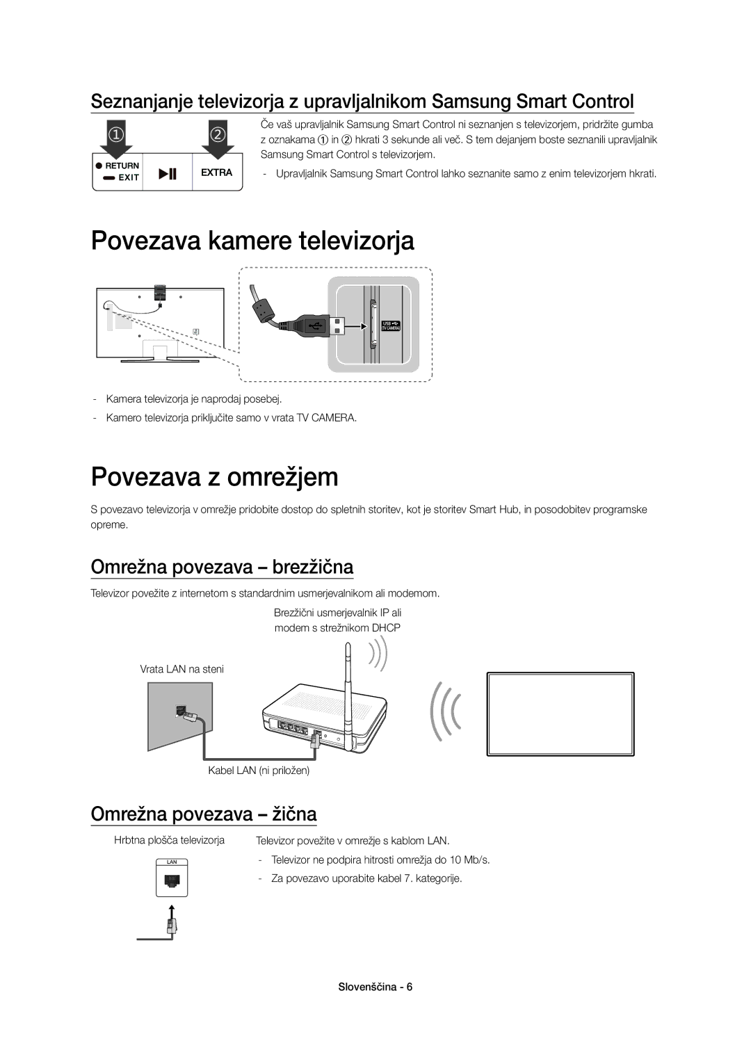 Samsung UE48JU6650SXXN, UE48JU6640SXXH manual Povezava kamere televizorja, Povezava z omrežjem, Omrežna povezava brezžična 