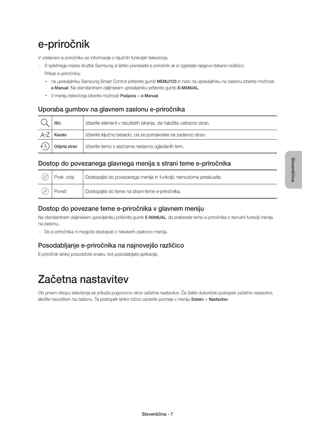 Samsung UE40JU6742UXXH, UE48JU6640SXXH manual Priročnik, Začetna nastavitev, Uporaba gumbov na glavnem zaslonu e-priročnika 