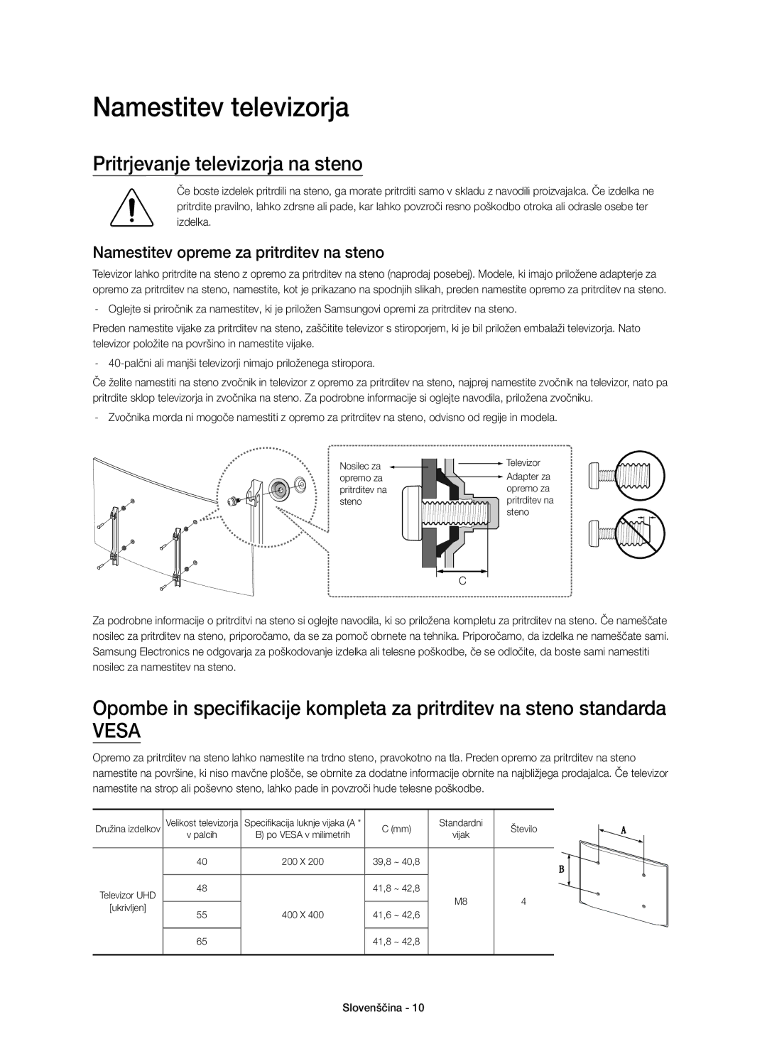 Samsung UE55JU6742UXXH Namestitev televizorja, Pritrjevanje televizorja na steno, Namestitev opreme za pritrditev na steno 