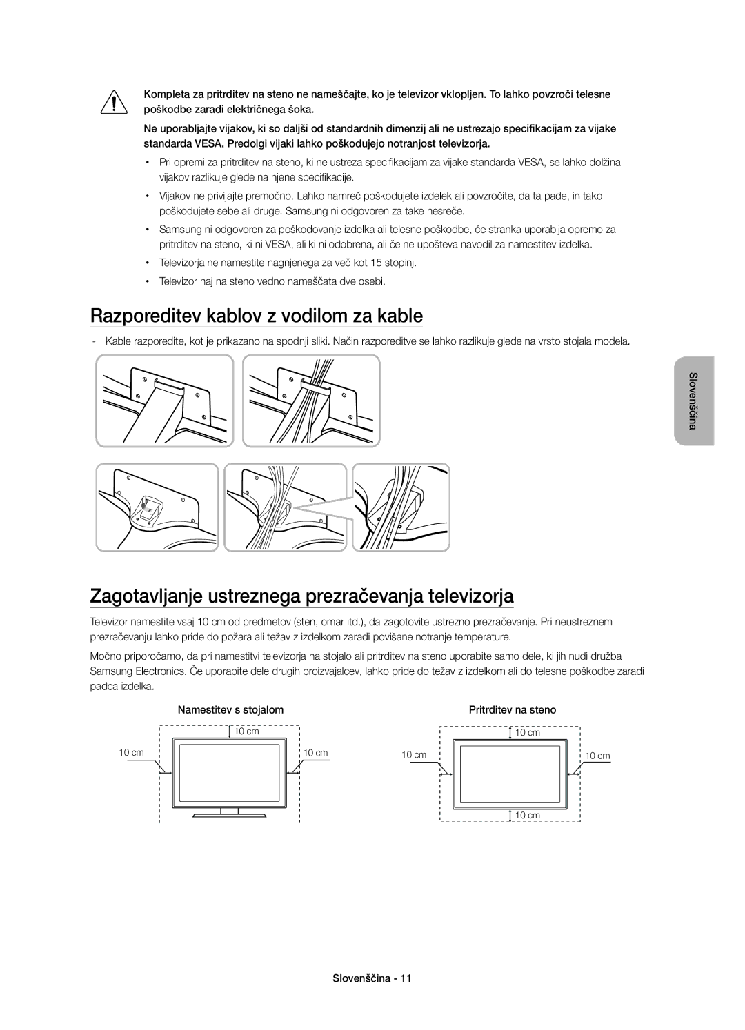 Samsung UE48JU6672UXXH manual Razporeditev kablov z vodilom za kable, Zagotavljanje ustreznega prezračevanja televizorja 