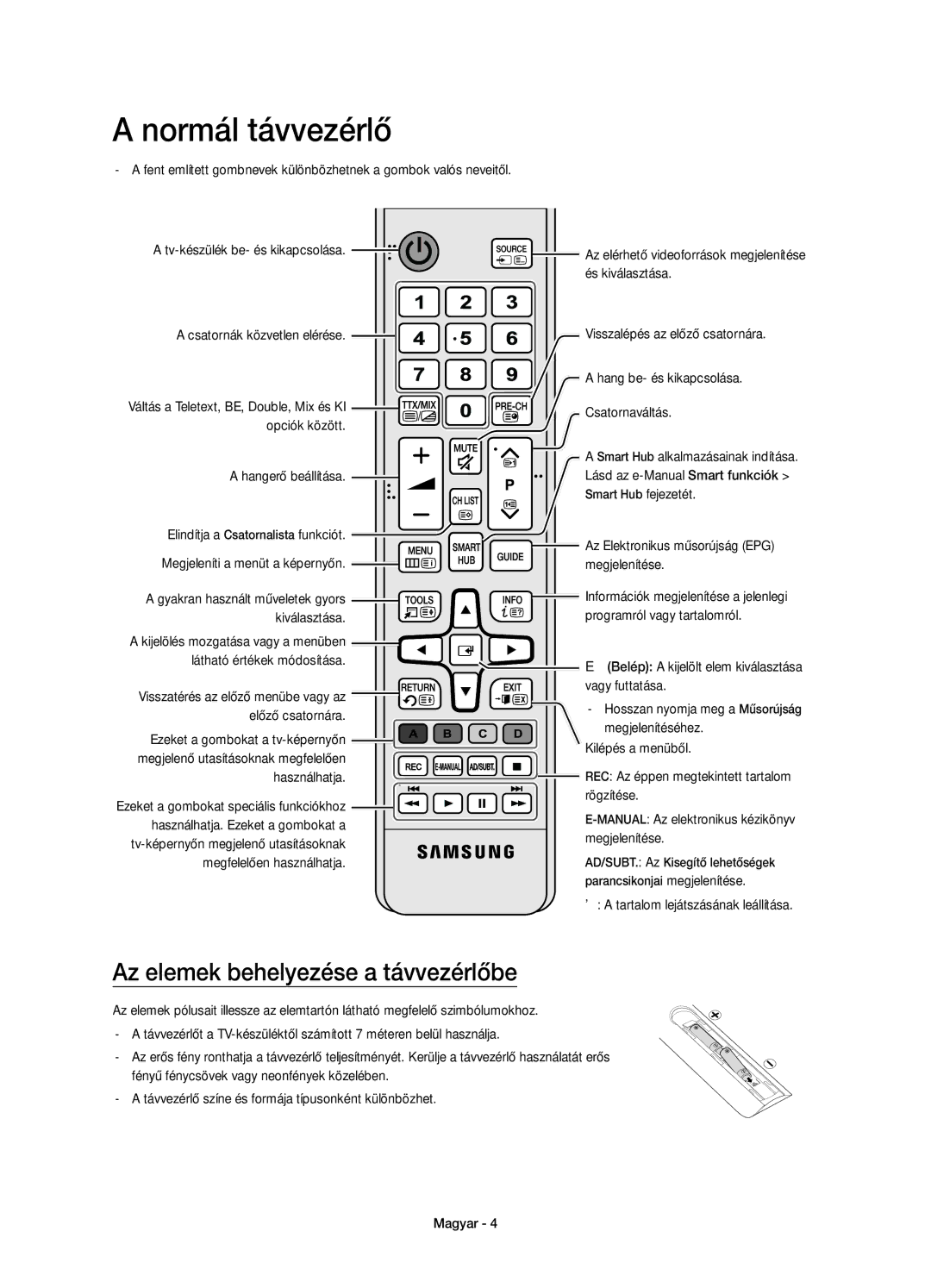 Samsung UE40JU6670SXXN, UE48JU6640SXXH, UE55JU6740SXXH manual Normál távvezérlő, Az elemek behelyezése a távvezérlőbe 