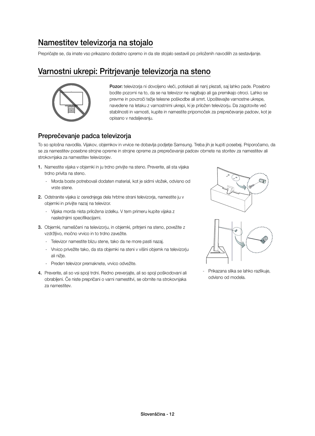 Samsung UE48JU6742UXXH manual Namestitev televizorja na stojalo, Varnostni ukrepi Pritrjevanje televizorja na steno 