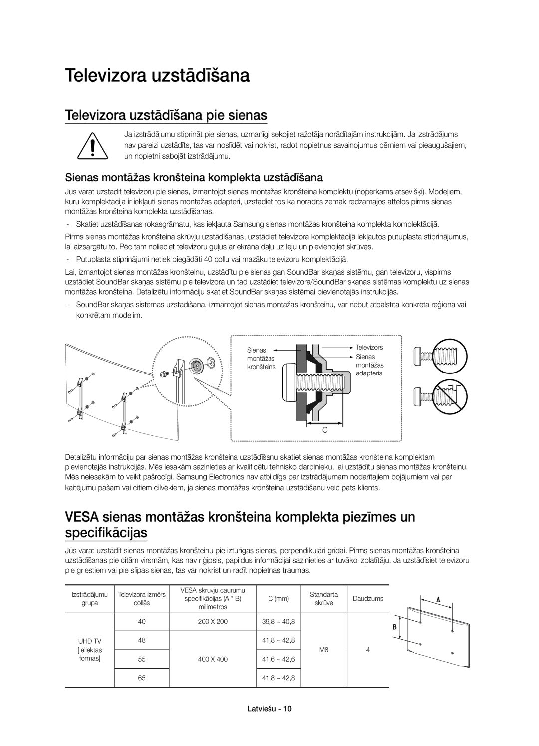 Samsung UE48JU6670SXXN manual Televizora uzstādīšana pie sienas, Sienas montāžas kronšteina komplekta uzstādīšana 