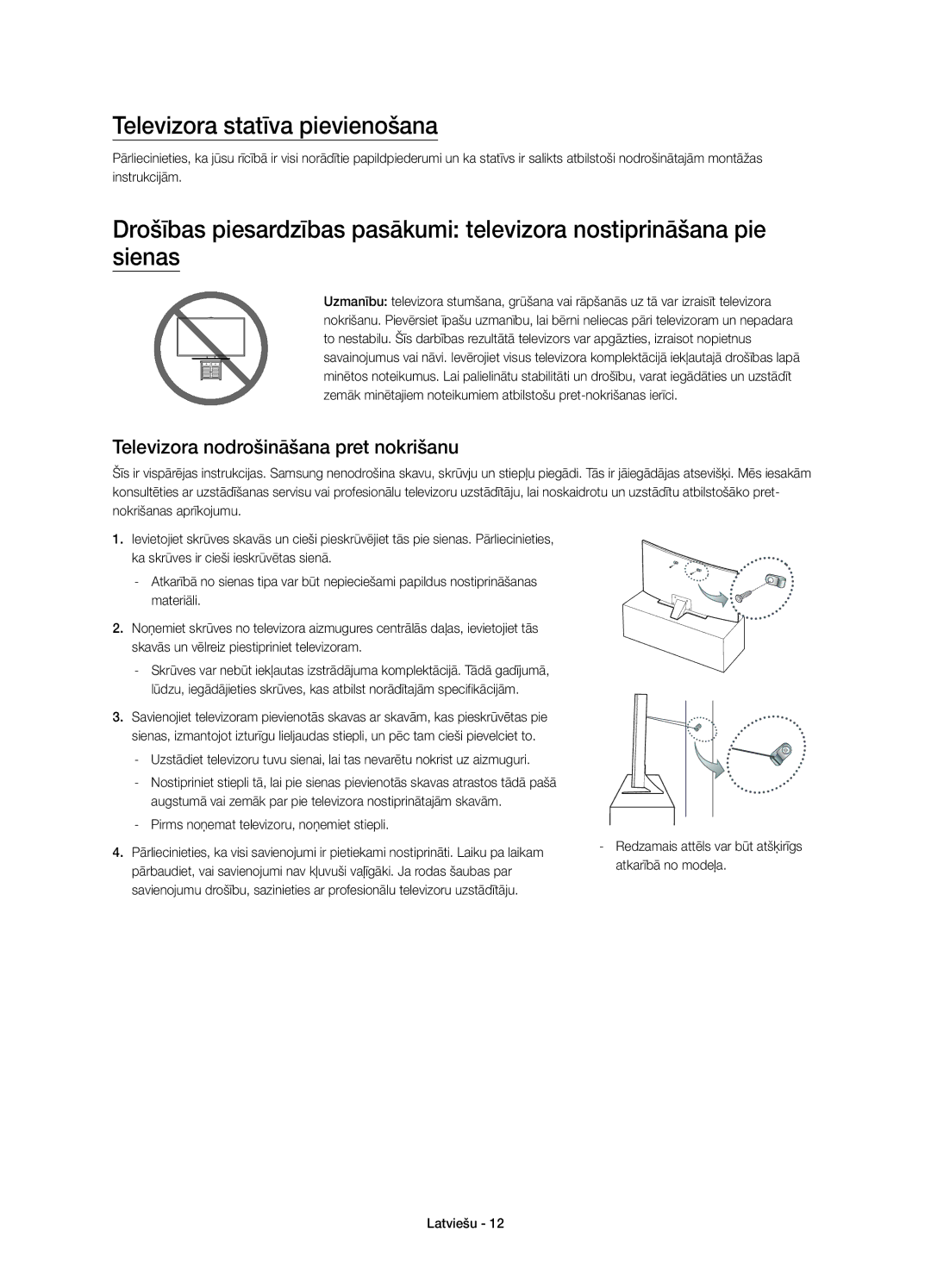 Samsung UE40JU6642UXXH, UE48JU6640SXXH manual Televizora statīva pievienošana, Televizora nodrošināšana pret nokrišanu 