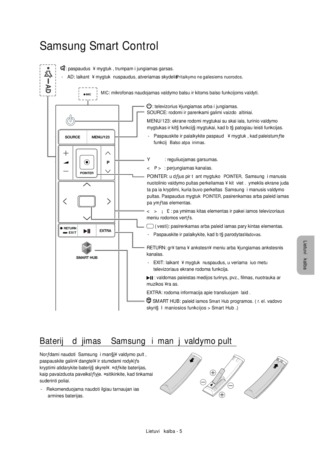 Samsung UE48JU6670SXXH, UE48JU6640SXXH manual Samsung Smart Control, Baterijų įdėjimas į „Samsung išmanųjį valdymo pultą 