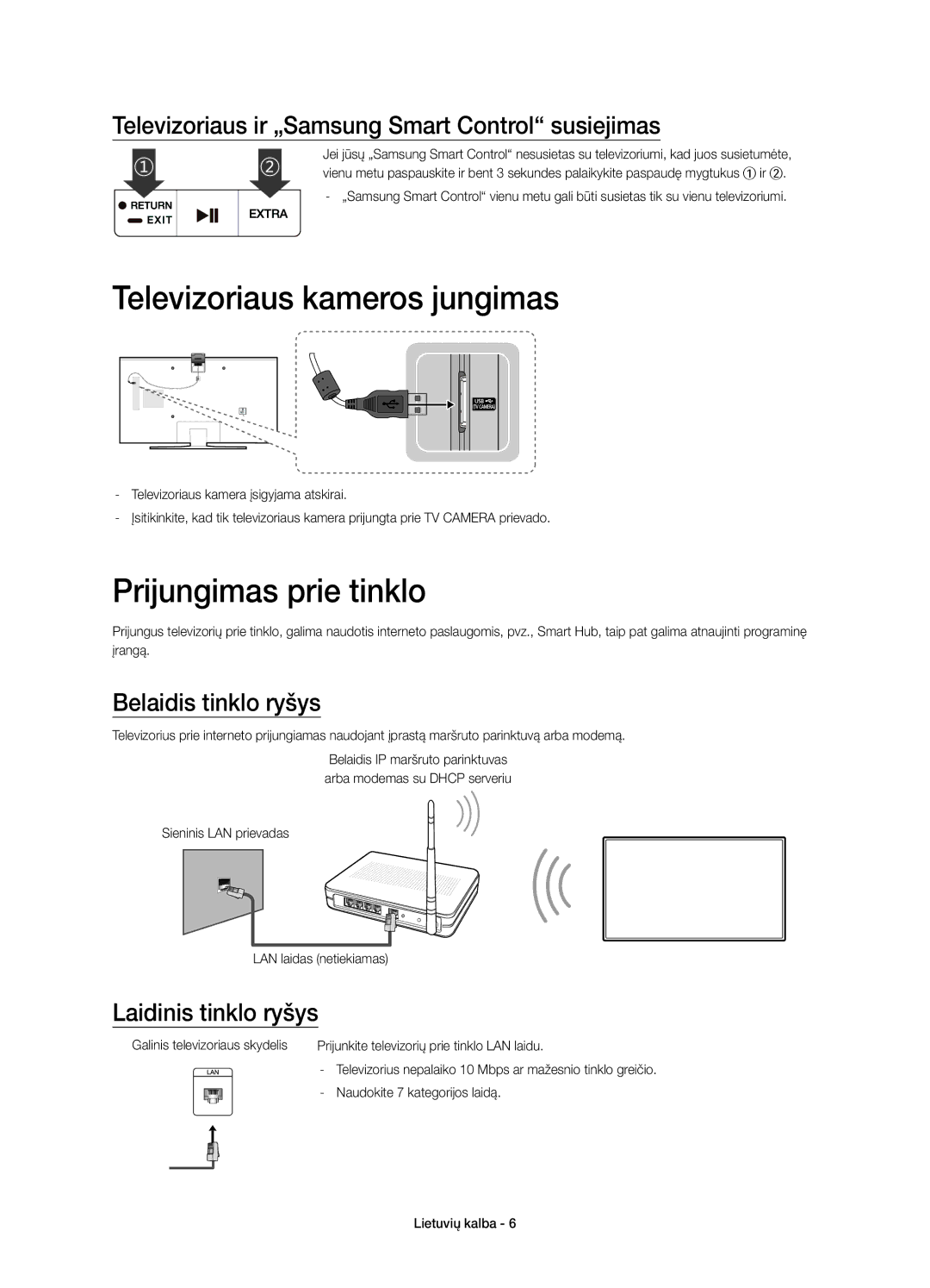 Samsung UE55JU6650SXXH, UE48JU6640SXXH manual Televizoriaus kameros jungimas, Prijungimas prie tinklo, Belaidis tinklo ryšys 