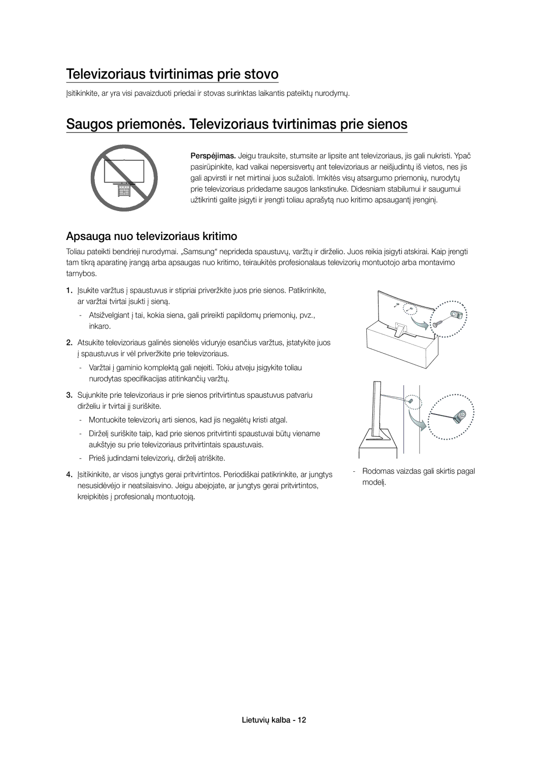 Samsung UE40JU6742UXXH manual Televizoriaus tvirtinimas prie stovo, Saugos priemonės. Televizoriaus tvirtinimas prie sienos 