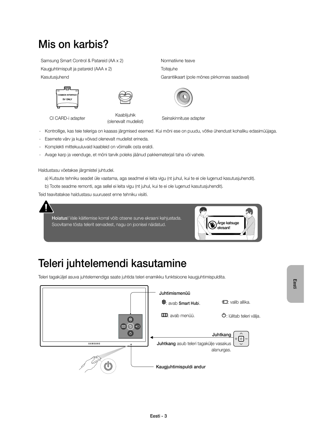 Samsung UE48JU6742UXXH manual Mis on karbis?, Teleri juhtelemendi kasutamine, Juhtkang, Kaugjuhtimispuldi andur Eesti 