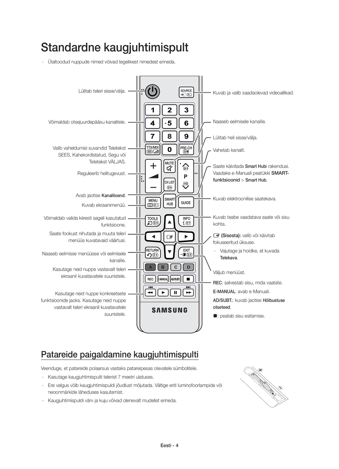 Samsung UE40JU6672UXXH, UE48JU6640SXXH manual Standardne kaugjuhtimispult, Patareide paigaldamine kaugjuhtimispulti 