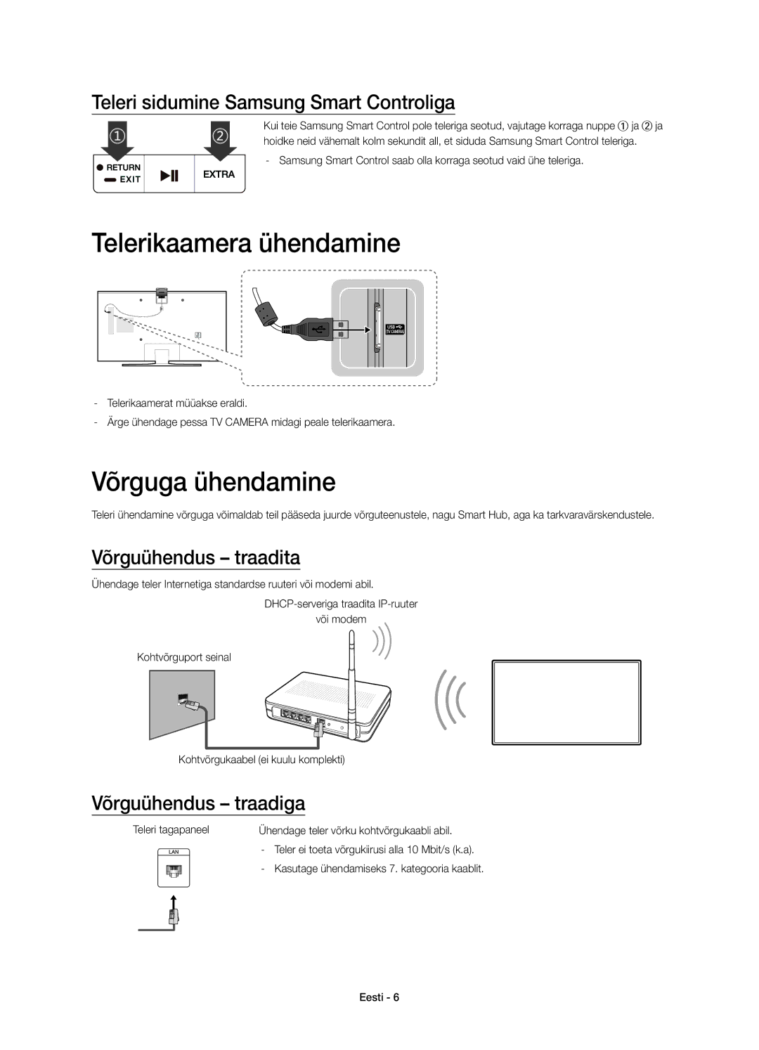 Samsung UE40JU6670SXXN manual Telerikaamera ühendamine, Võrguga ühendamine, Teleri sidumine Samsung Smart Controliga 