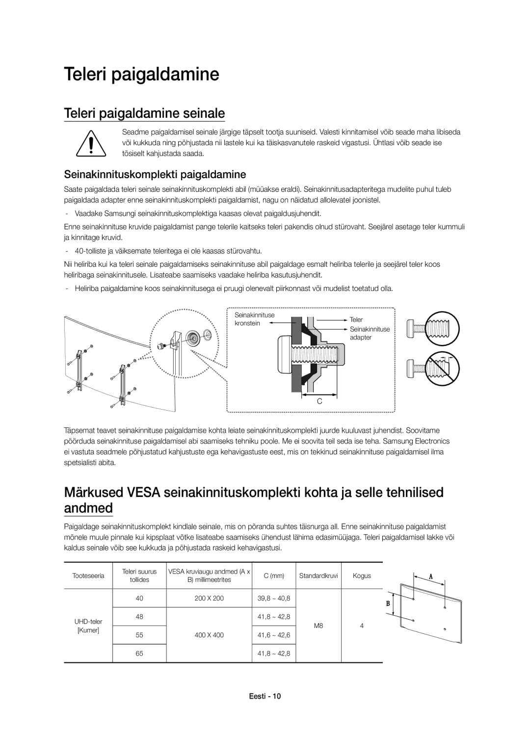 Samsung UE48JU6642UXXH, UE48JU6640SXXH, UE55JU6740SXXH Teleri paigaldamine seinale, Seinakinnituskomplekti paigaldamine 