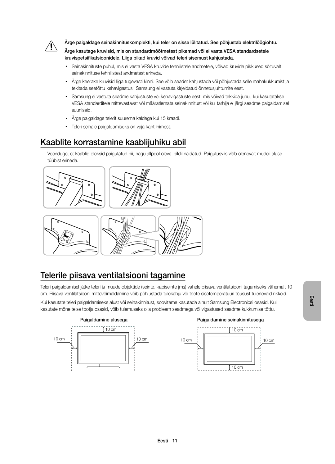 Samsung UE55JU6652UXXH, UE48JU6640SXXH Kaablite korrastamine kaablijuhiku abil, Telerile piisava ventilatsiooni tagamine 