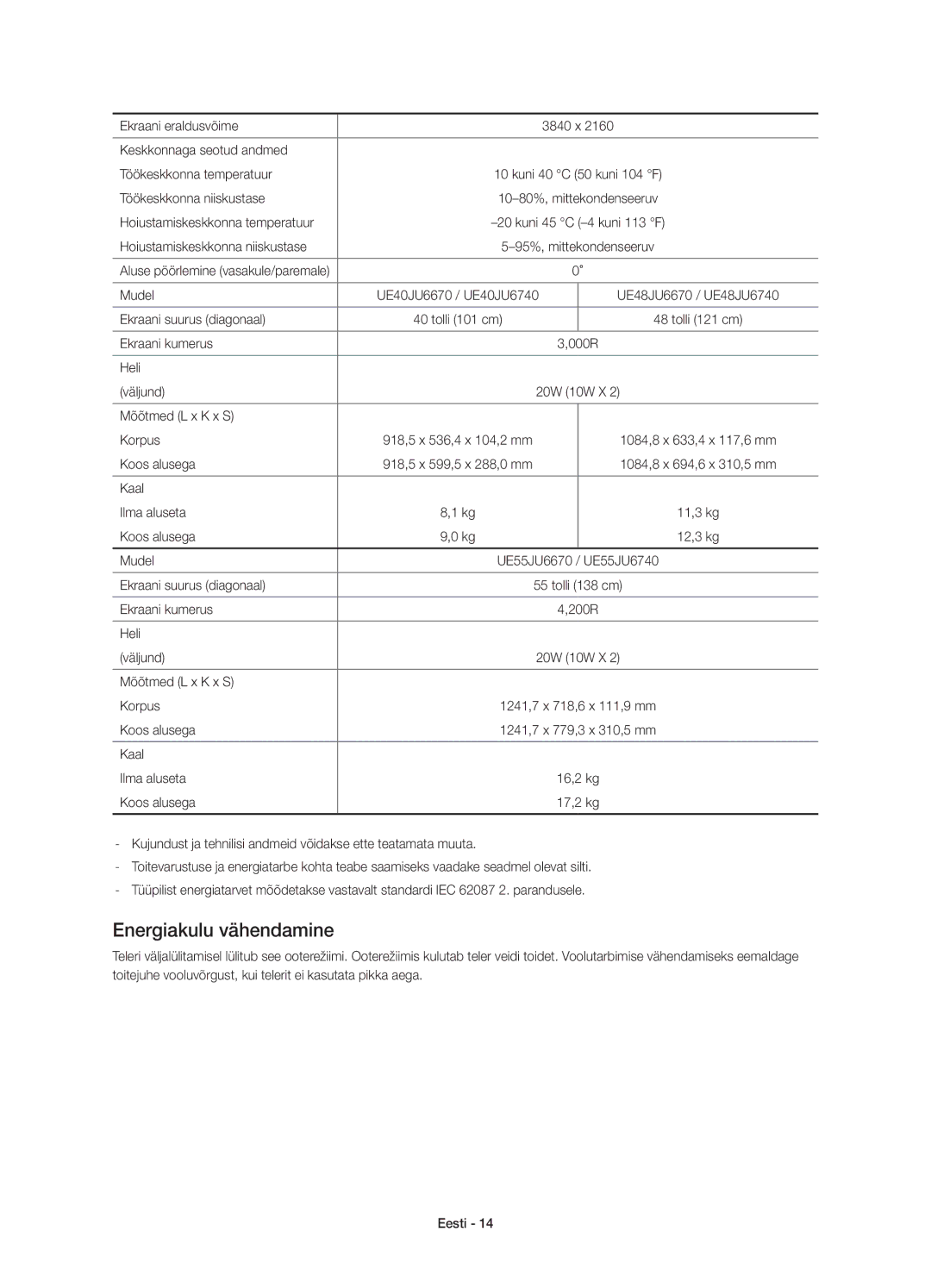 Samsung UE48JU6652UXXH manual Energiakulu vähendamine, Kujundust ja tehnilisi andmeid võidakse ette teatamata muuta 