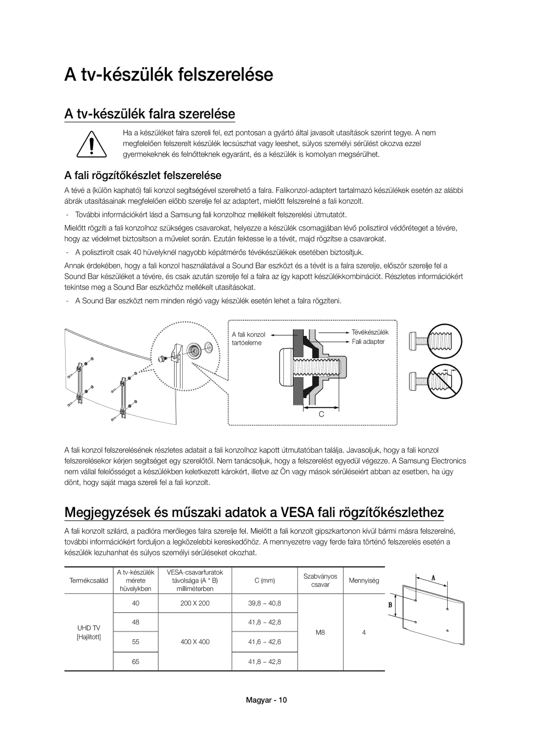 Samsung UE55JU6642UXXH manual Tv-készülék felszerelése, Tv-készülék falra szerelése, Fali rögzítőkészlet felszerelése 