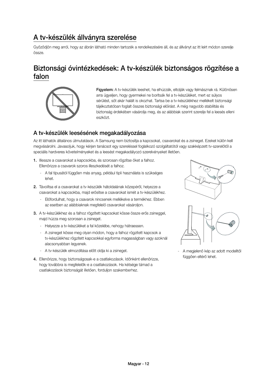 Samsung UE48JU6652UXXH, UE48JU6640SXXH manual Tv-készülék állványra szerelése, Tv-készülék leesésének megakadályozása 