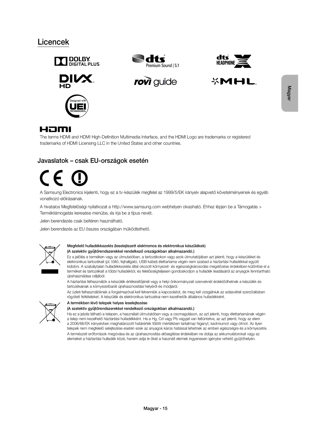 Samsung UE40JU6642UXXH, UE48JU6640SXXH, UE55JU6740SXXH, UE55JU6670SXXH manual Licencek, Javaslatok csak EU-országok esetén 