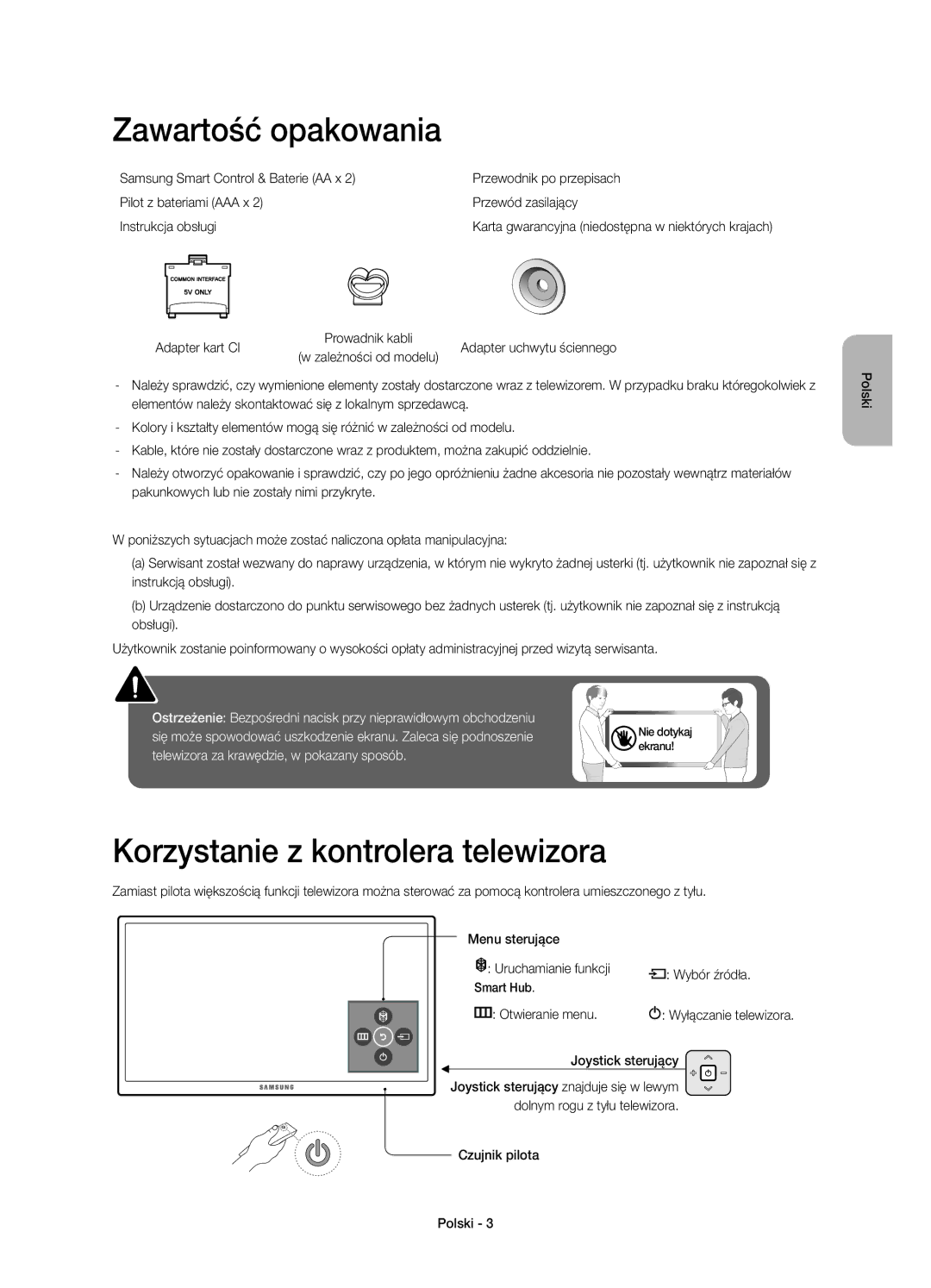 Samsung UE48JU6650SXXH Zawartość opakowania, Korzystanie z kontrolera telewizora, Otwieranie menu, Joystick sterujący 