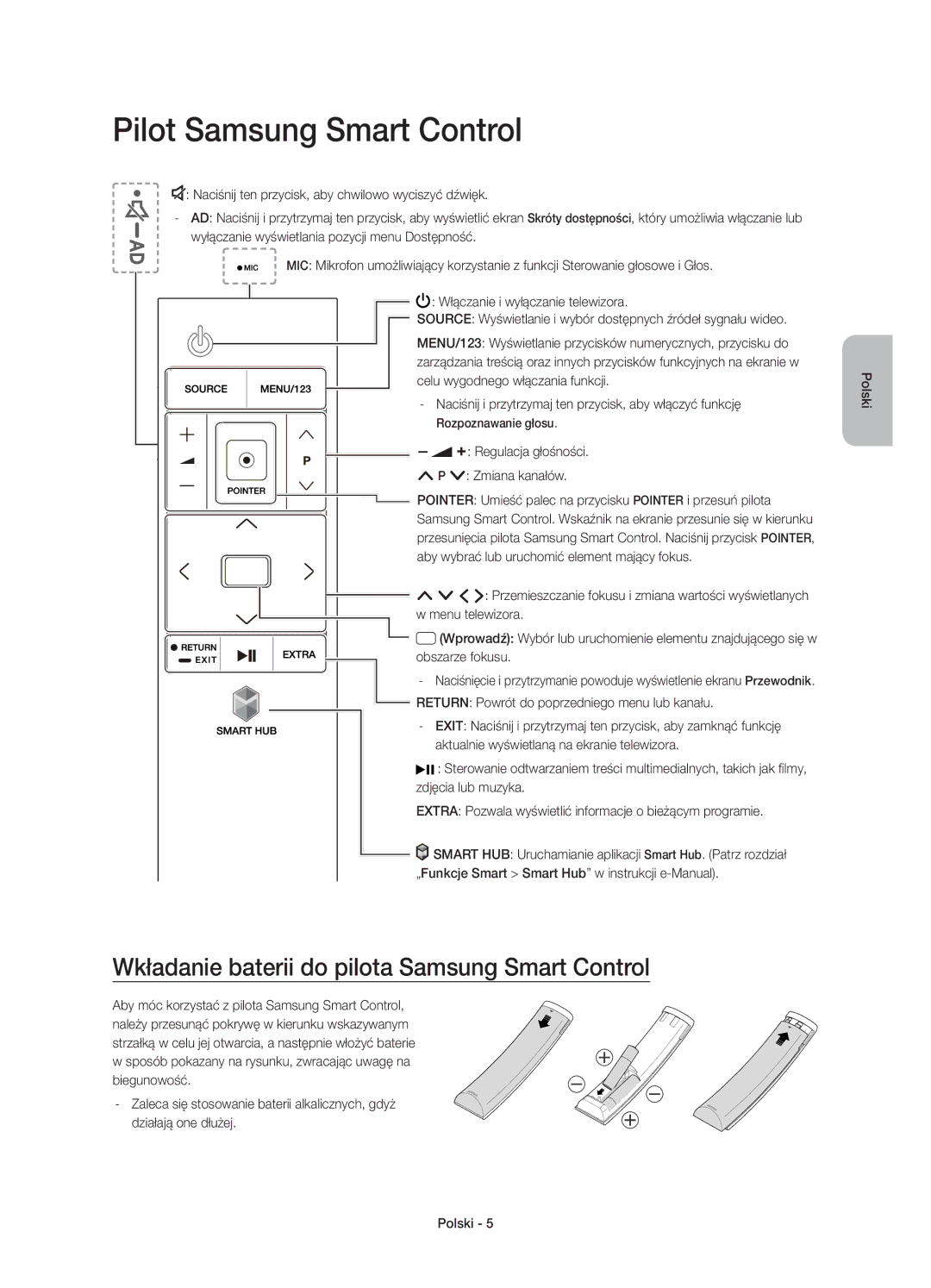 Samsung UE48JU6640SXXH, UE55JU6740SXXH manual Pilot Samsung Smart Control, Wkładanie baterii do pilota Samsung Smart Control 