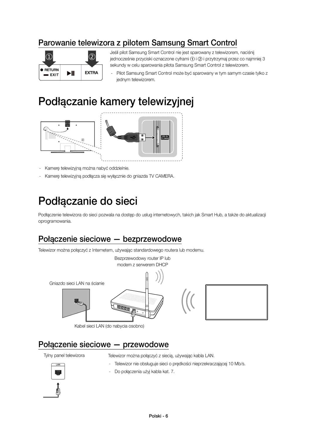 Samsung UE55JU6740SXXH manual Podłączanie kamery telewizyjnej, Podłączanie do sieci, Połączenie sieciowe bezprzewodowe 