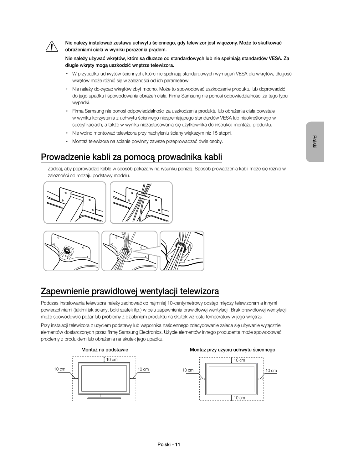 Samsung UE48JU6740SXXH manual Prowadzenie kabli za pomocą prowadnika kabli, Zapewnienie prawidłowej wentylacji telewizora 