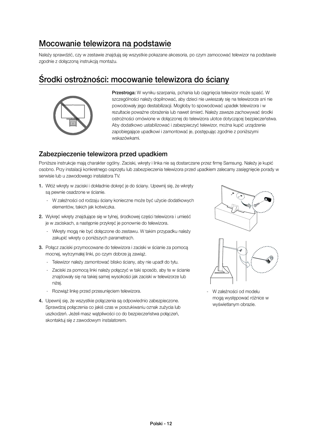 Samsung UE55JU6670SXXN manual Mocowanie telewizora na podstawie, Środki ostrożności mocowanie telewizora do ściany 