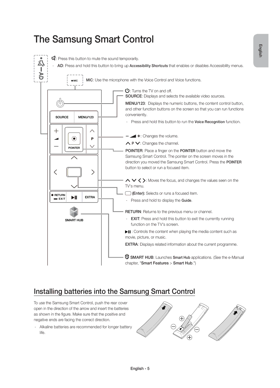 Samsung UE55JU6640SXXH, UE48JU6640SXXH, UE55JU6740SXXH manual Installing batteries into the Samsung Smart Control 