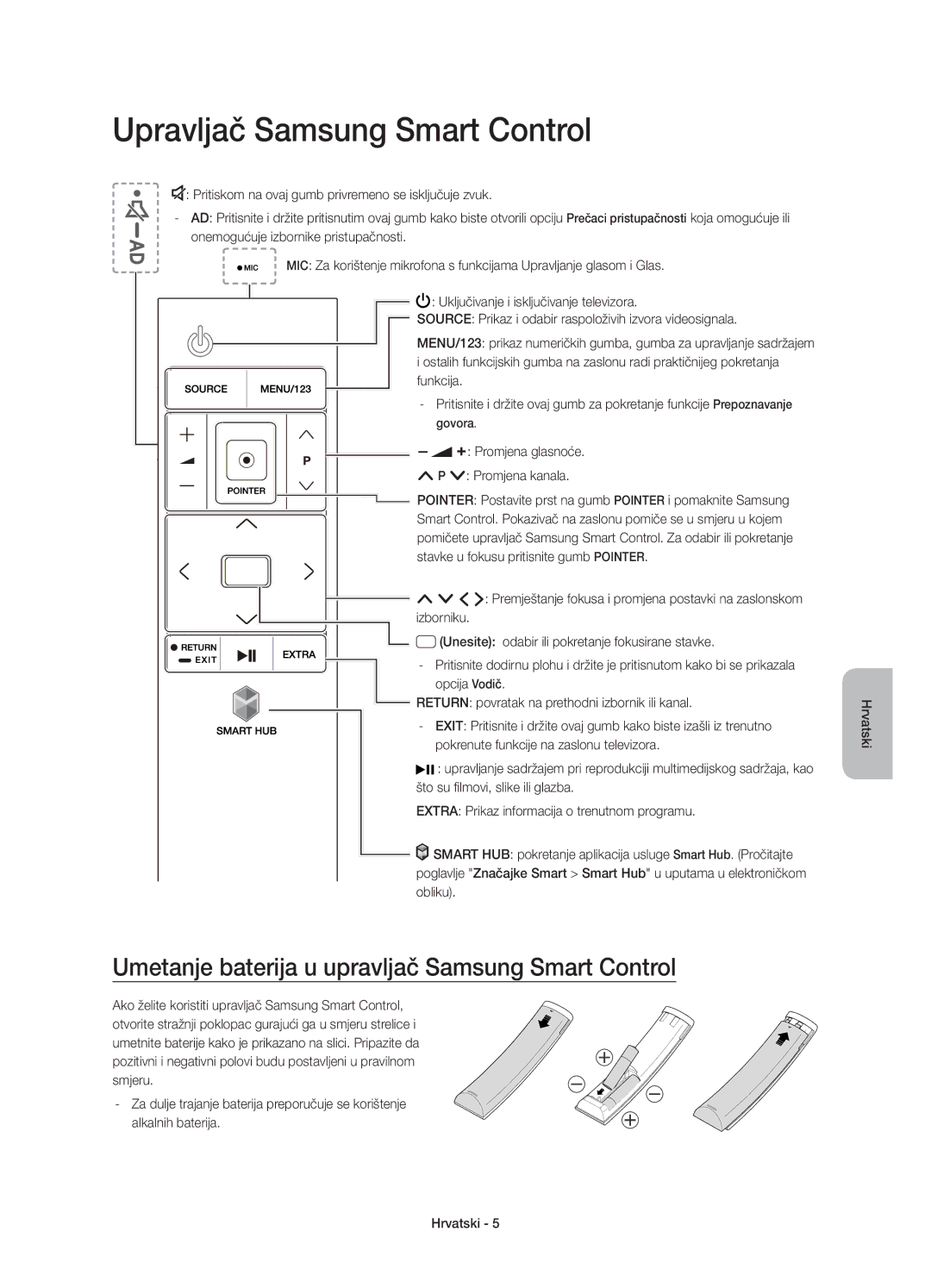 Samsung UE48JU6650SXXN manual Upravljač Samsung Smart Control, Umetanje baterija u upravljač Samsung Smart Control 