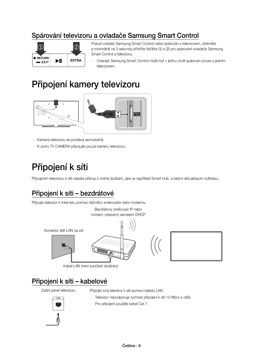 Samsung UE55JU6642UXXH manual Připojení kamery televizoru, Připojení k síti bezdrátové, Připojení k síti kabelové 