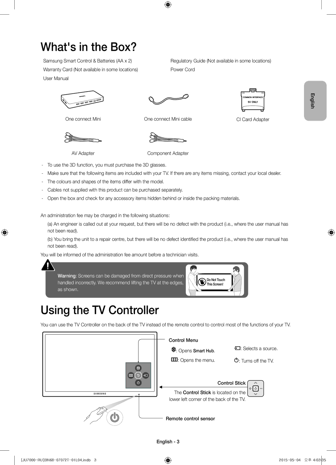 Samsung UE65JU7000UXRU, UE48JU7000UXMS Whats in the Box?, Using the TV Controller, One connect Mini One connect Mini cable 