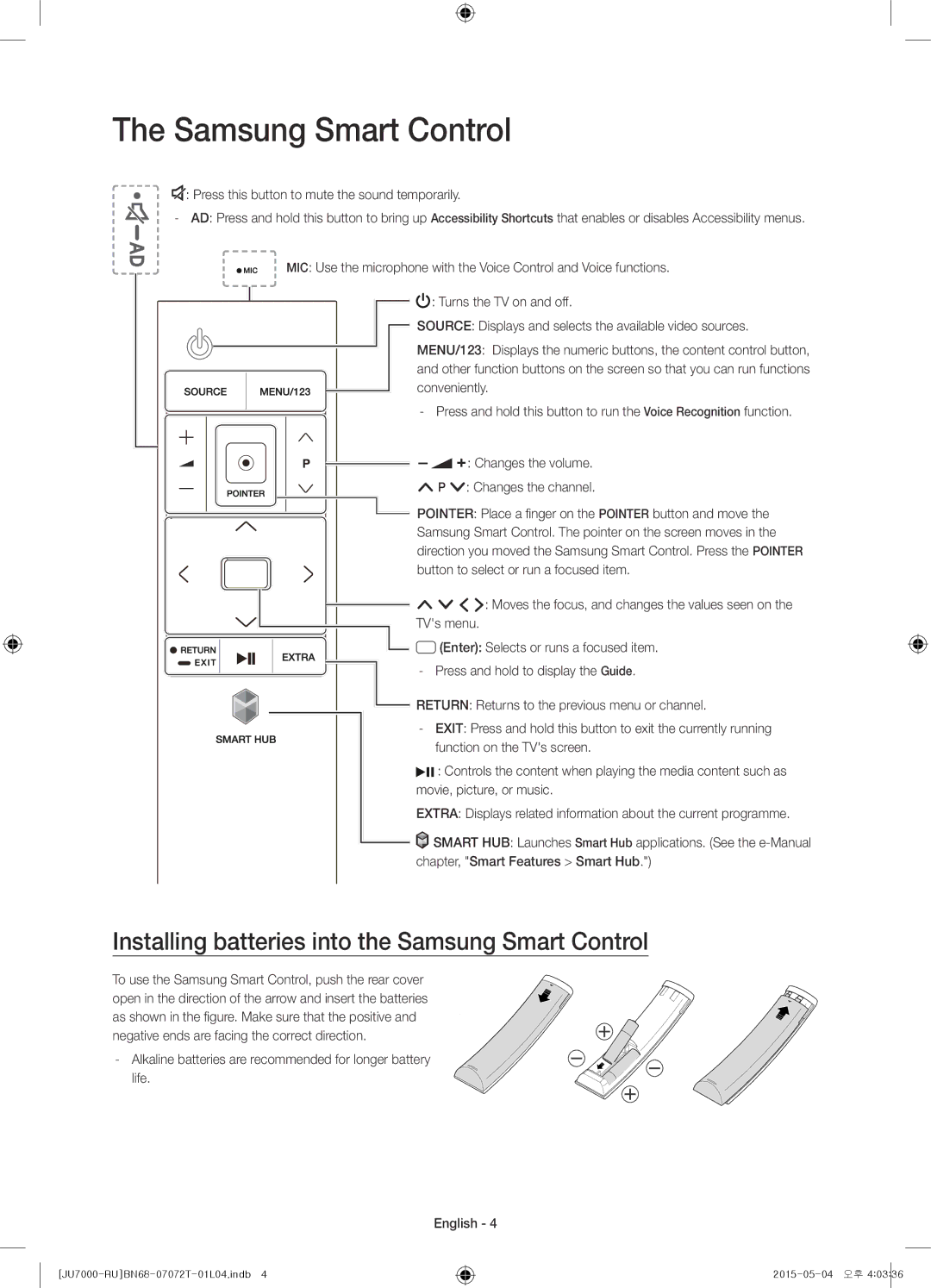 Samsung UE55JU7000UXRU, UE48JU7000UXMS, UE48JU7000UXRU manual Installing batteries into the Samsung Smart Control 