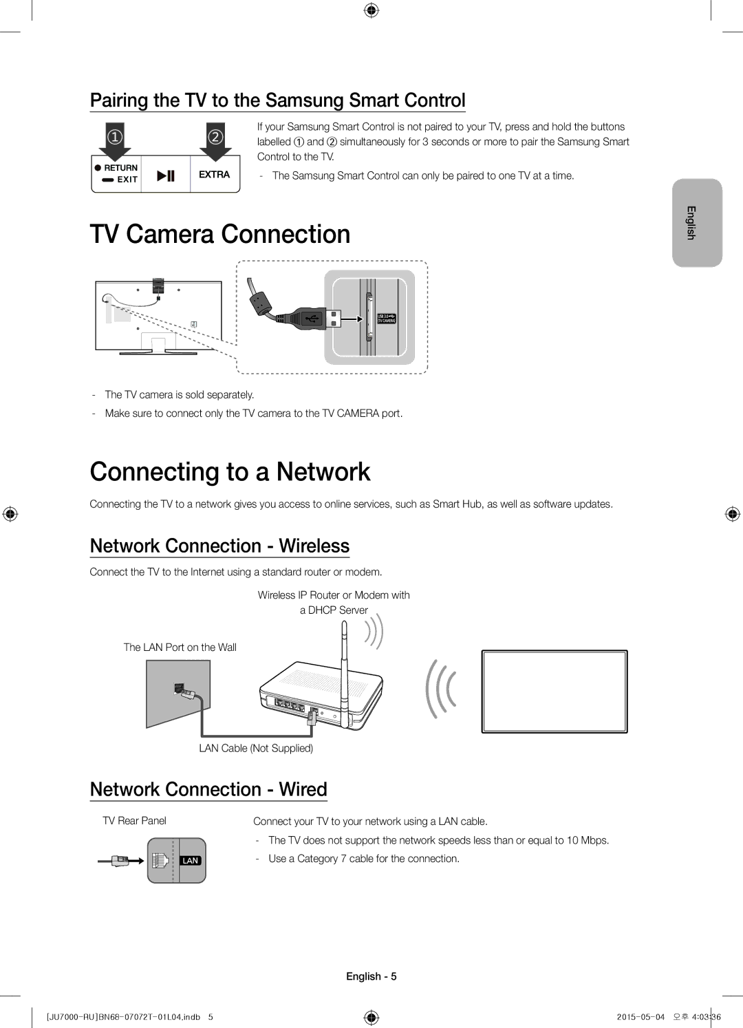 Samsung UE48JU7000UXMS manual TV Camera Connection, Connecting to a Network, Pairing the TV to the Samsung Smart Control 