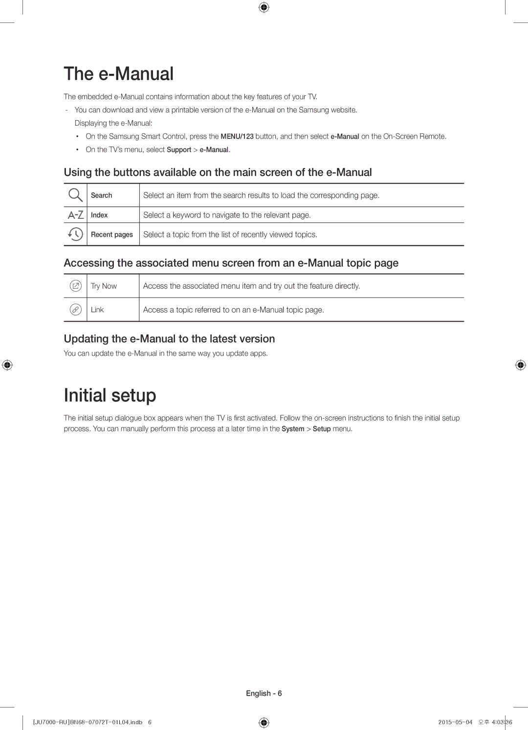 Samsung UE48JU7000UXRU manual E-Manual, Initial setup, Accessing the associated menu screen from an e-Manual topic 