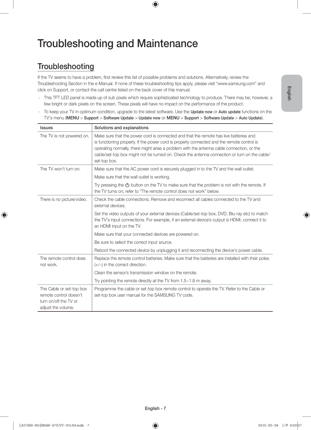 Samsung UE75JU7000UXRU, UE48JU7000UXMS, UE48JU7000UXRU, UE85JU7000UXRU, UE40JU7000UXRU manual Troubleshooting and Maintenance 