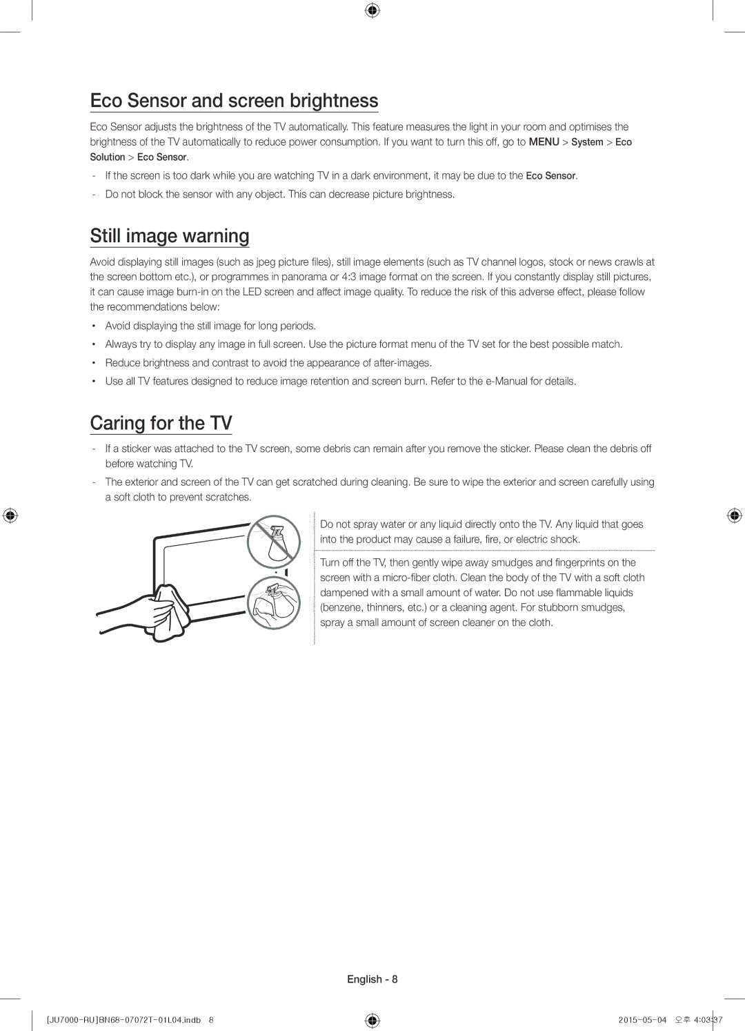 Samsung UE85JU7000UXRU, UE48JU7000UXMS manual Eco Sensor and screen brightness, Still image warning, Caring for the TV 