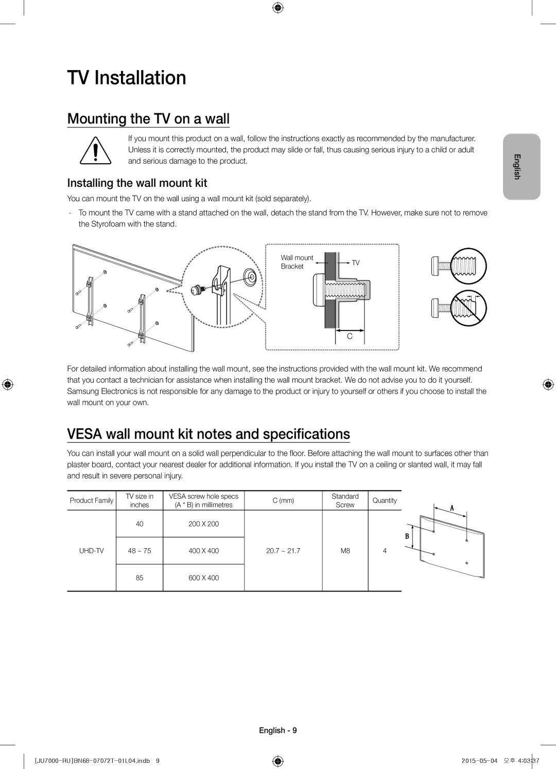 Samsung UE40JU7000UXRU manual TV Installation, Mounting the TV on a wall, Vesa wall mount kit notes and specifications 